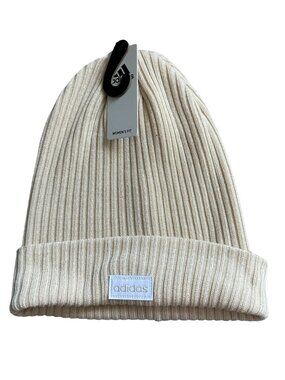 ADIDAS Womens Beige Neutral Ribbed Beanie Winter Hat OS NEW with tags